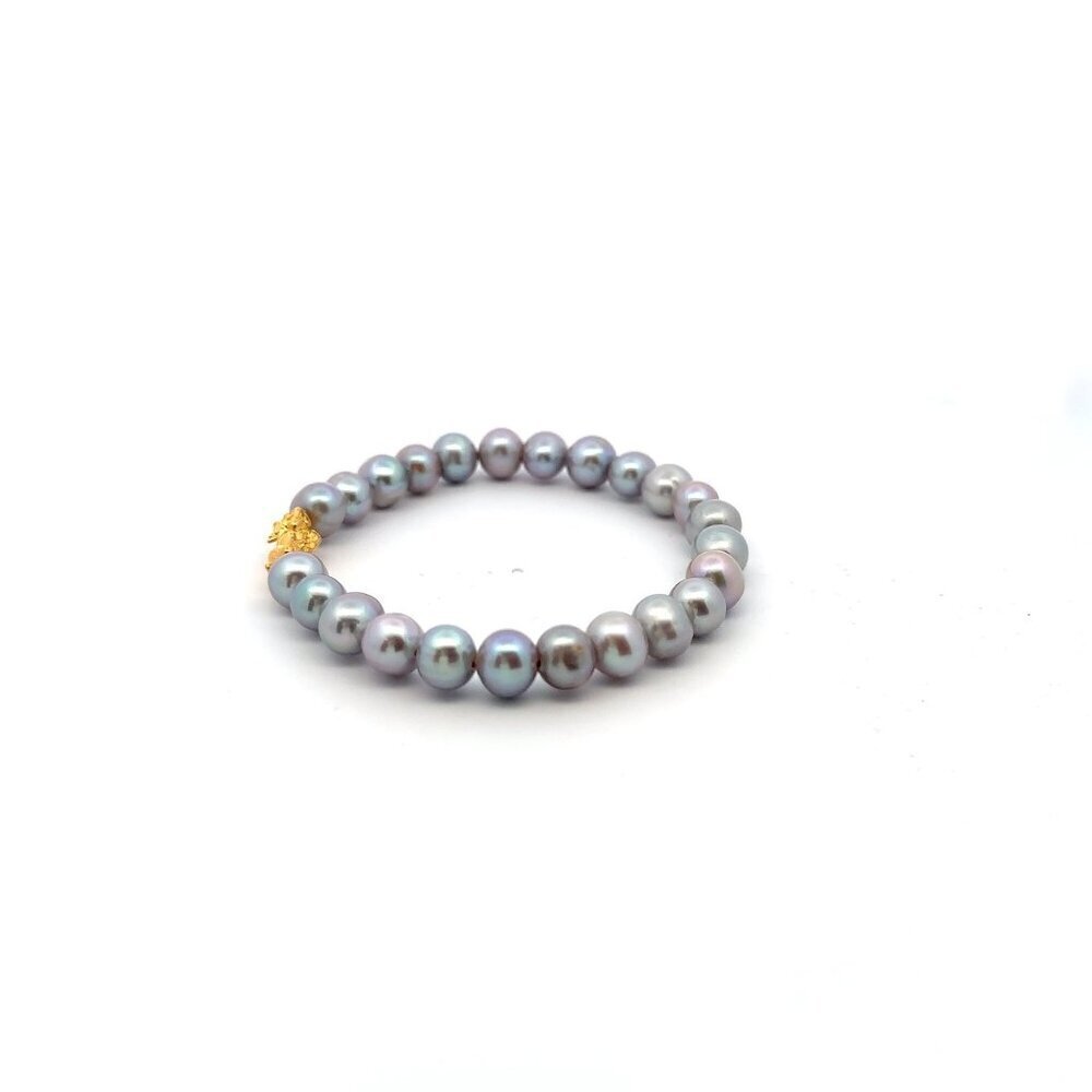 18K Gold Pixiu Piyao Bracelet Gemstones Natural Freshwater Gray Pearls - Picture 5 of 5